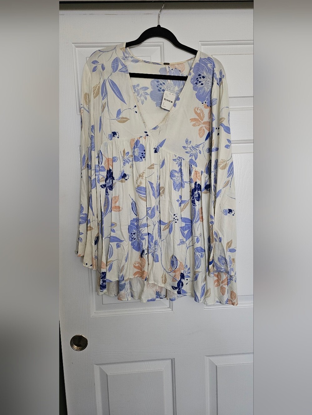 Women’s Floral V-Neck Peasant Dress in Cream with Blue and Tan Floral Print